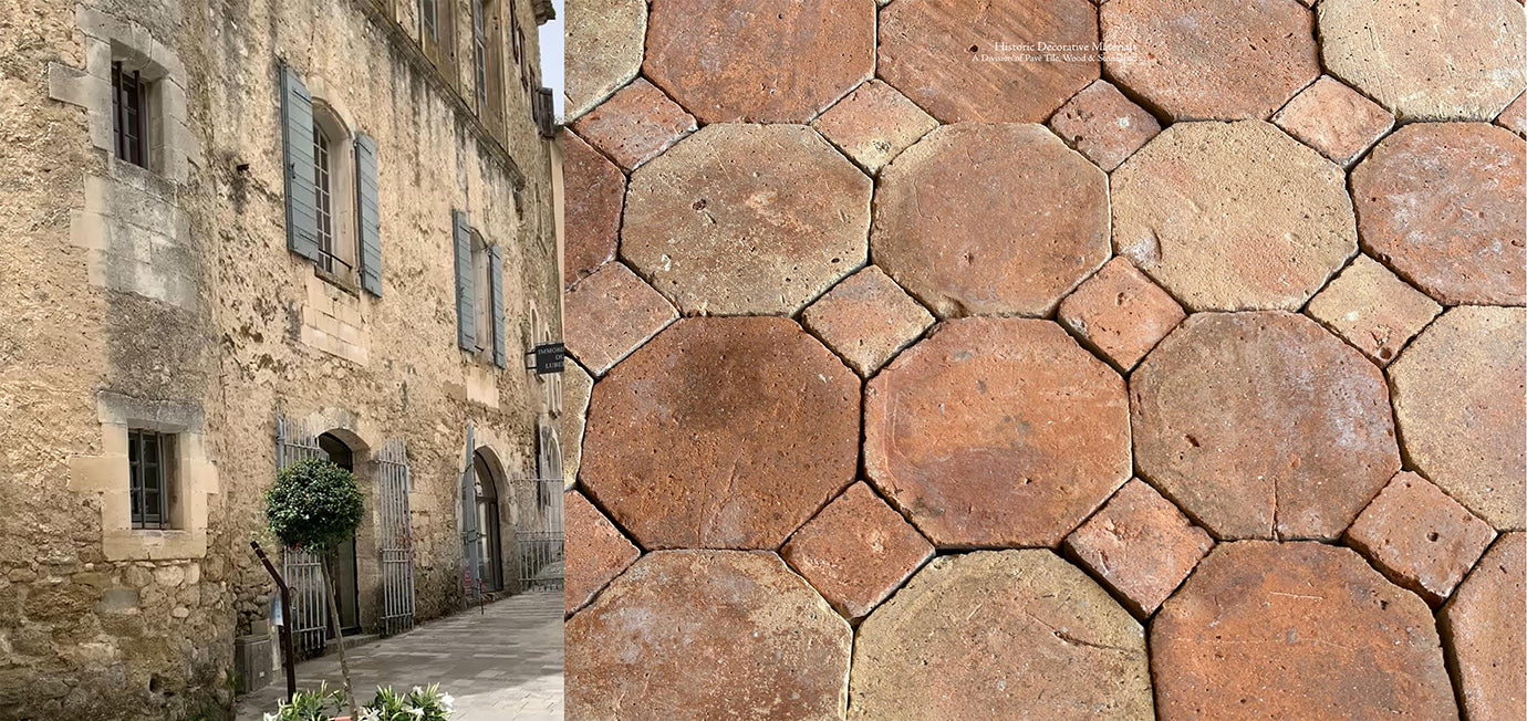 The deep earth hues of French Reclaimed Terra Cotta Tile Octagon + Cabochon pair beautifully with gray blue hues in kitchens.
