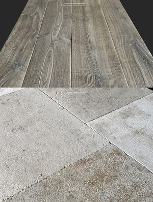 Reclaimed French oak floors paired with a French limestone floor anchors an interior's provenance.