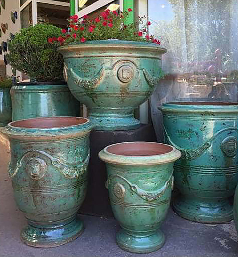 Original Anduze Poterie de la Madeleine Glazed French Terra Cotta Vases - Patine Emeraude