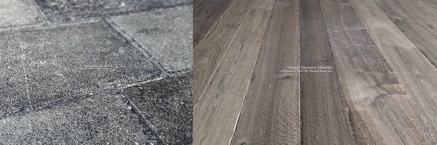 Antiqued French oak floors in a warm brown tone is splendid with antique Belgian bluestone floors for a classic Belgian interior style.