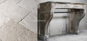 18th Century Louis XIV French Limestone Fireplace Mantel + Pietra Anticata Italian Limestone Flooring