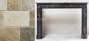 19th Century French Boudain Style Fireplace Mantel in Portoro Marble  + Opus Romain Aged French Limestone Flooring