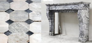 19th Century French Marble Louis XVI Style Fireplace Mantel + 18th century reclaimed Italian Bianco Carrara and Nero Cabochon Marble Flooring.