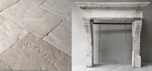 Louis XII Antique French Burgundy Limestone Fireplace Mantel + Pietra Anticata Aged Italian Limestone Flooring