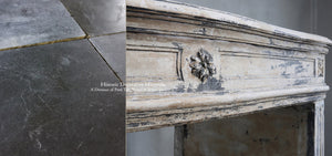 Antique Louis XVI French Limestone Fireplace Mantel + Reclaimed Belgian Blue Stone Noir de Mazy