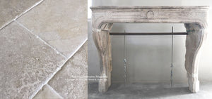 19th Century French Limestone Louis XIV Fireplace Mantel + Marie- Antoinette Aged French Limestone Flooring