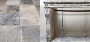 19th Century French Limestone Louis XVI Style Fireplace Mantel from Burgundy, France+ Reclaimed Belgian Terra Cotta Tiles