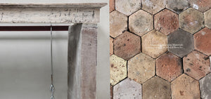 19th Century French Bourgogne Limestone Campagnarde Style Fireplace Mantel + Reclaimed French Hexagon Terra Cotta Tiles