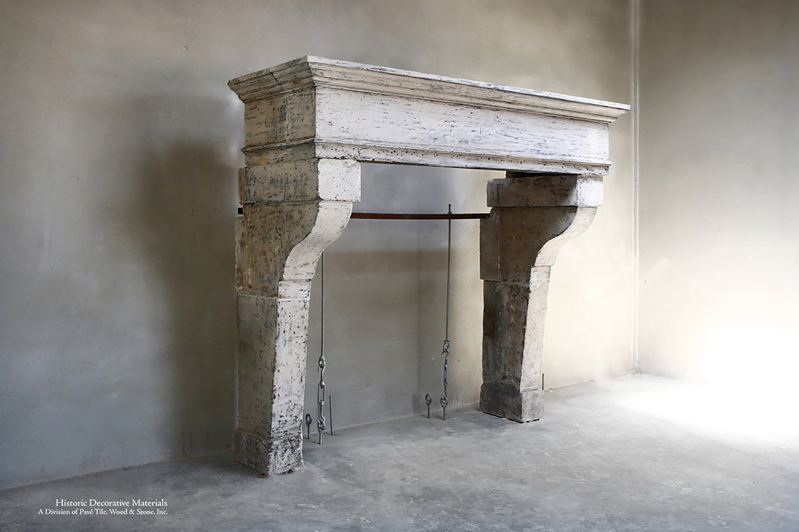 19th Century French Limestone Campagnarde Style Fireplace Mantel