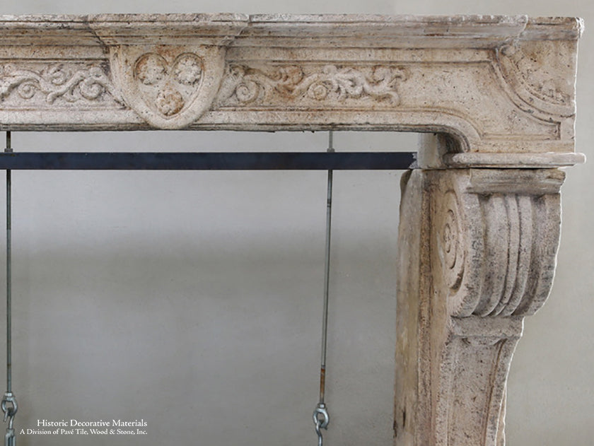 Antique 18th Century Renaissance French Bourgogne Limestone Fireplace Mantel