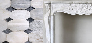 19th Century Louis XV Bianca Carrara Fireplace Mantel Salvaged from a Salon in Paris, France + Reclaimed Italian Bianca Carrara and Nero Cabochon Marble Flooring