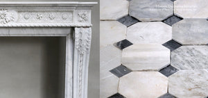 18th Century Louis XIV Bianca Carrara Fireplace Mantel Salvaged from a Salon in Paris, France + 18th Century Italian Bianca Carrara and Nero Cabochon Marble Floor