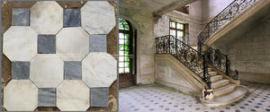 Antique Italian Bianco Carrara Octagon and Nero Cabochon Marble Stone Flooring Makes for a grand entrance, softened with French Limestone Flooring
