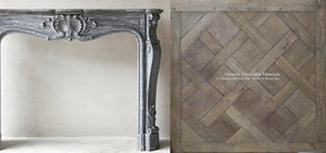 Louis XV Italian Blue Turquin Marble French 19th Century Fireplace Mantel + Kings of France 18th Century French Oak Floor in Parquet de Versailles