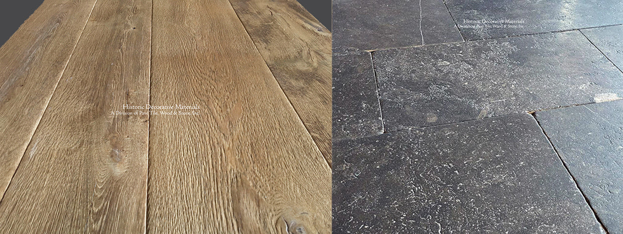The noble patina and grain of antiqued French oak floors contrast beautifully with Belgian bluestone.