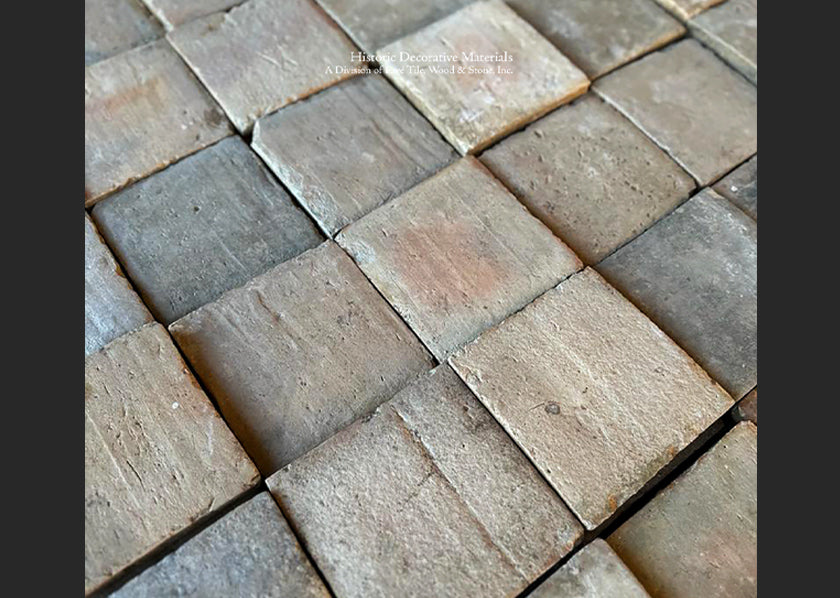 Soft gray patina of French reclaimed terra cotta tiles compliments a variety of interiors.