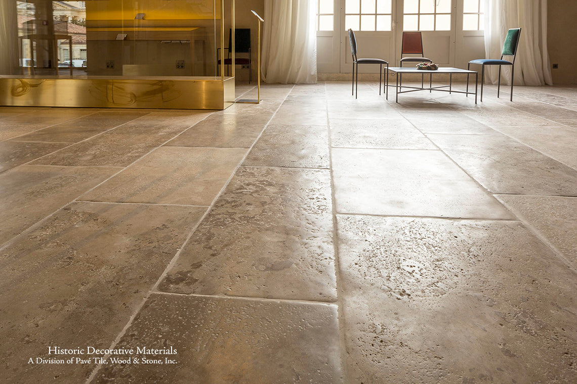 Antiqued edges define the beauty of antique French limestone floors.