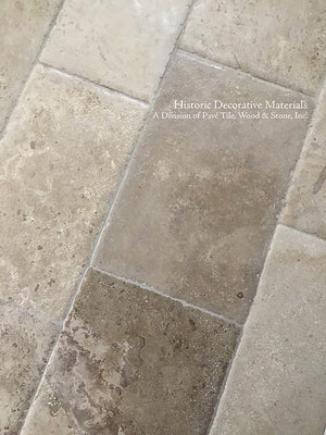 Antiqued and Hand-Finished French Limestone Montclair has a Satin Patina in Coffee, Walnut and Cream hues.