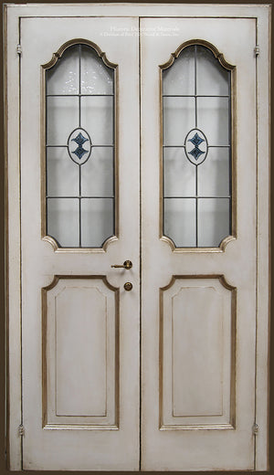 Master Crafted Antiqued Solid Wood Doors: Coquille d'Oeuf + Stained Glass Insert