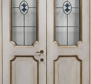 Master Crafted Antiqued Solid Wood Doors: Coquille d'Oeuf + Stained Glass Insert