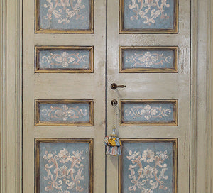 Master Crafted Antiqued Solid Wood Doors: Greige et Bleu + Trompe l'Oeil Fleuri