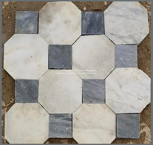 Antique Italian Bianco Carrara Octagon and Nero Cabochon Marble Stone Flooring