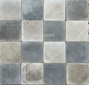 Antique French Grey Blue and Shell Checkered Cement Tile Flooring