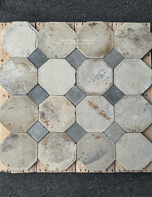 Antique French Limestone Octagon + Antique Belgian Gray Cement Cabochon Flooring