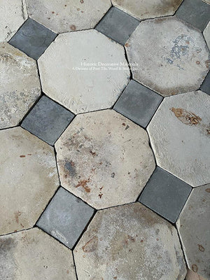 Antique French Limestone Octagon + Antique Belgian Gray Cement Cabochon Flooring