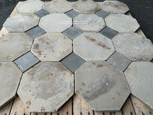 Antique French Limestone Octagon + Antique Belgian Gray Cement Cabochon Flooring