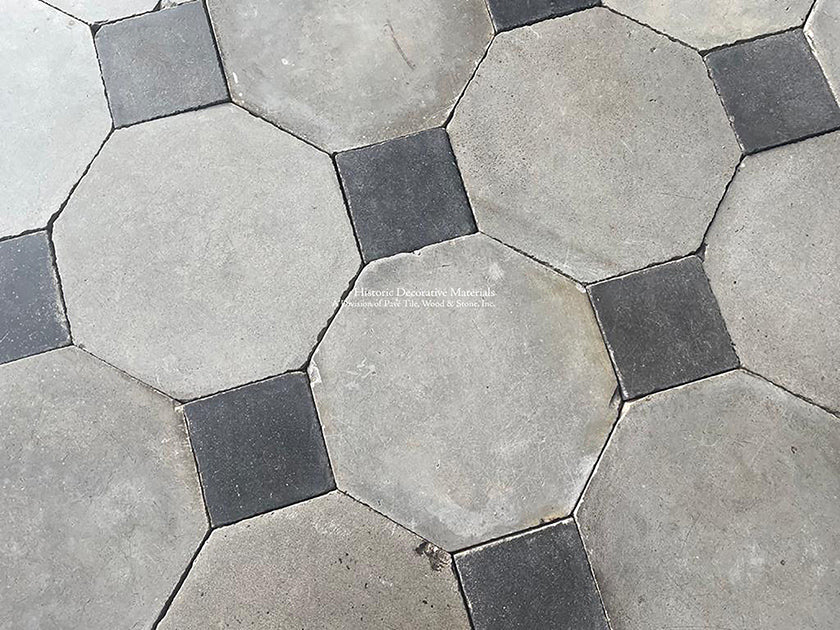 Antique French Gray Octagon Cement Tile + Charcoal Gray Cabochon are loved for their geometric design.
