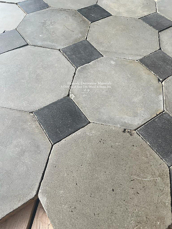 Antique French Gray Octagon Cement Tile + Charcoal Gray Cabochon are hand-made tiles from 18th century France.
