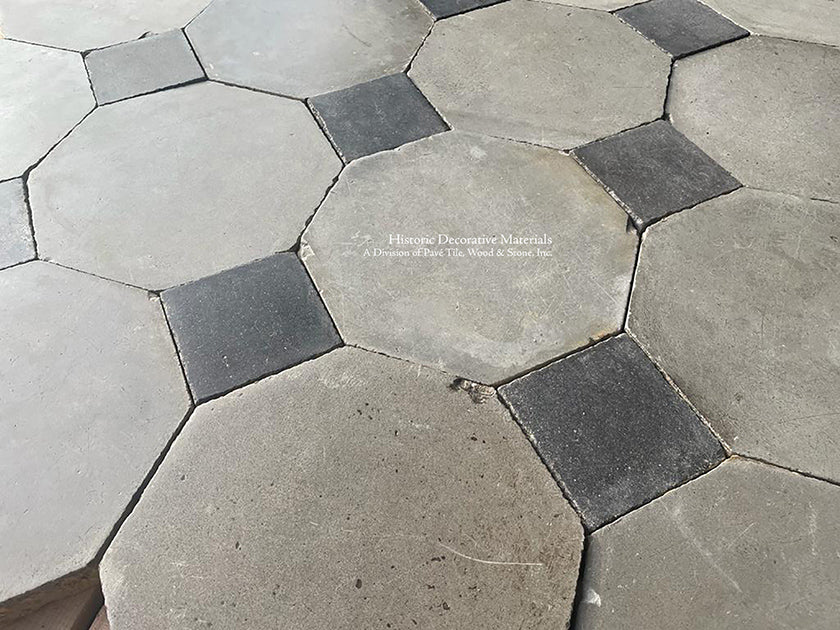 Antique French Gray Octagon Cement Tile + Charcoal Gray Cabochon is seen through chic Parisian apartments.