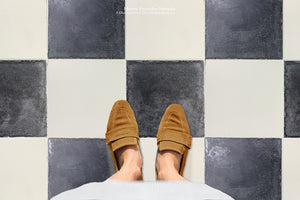 Catalan Farmhouse 1850 Antiqued Cement Tile Collection - The Checker: Charcoal + Authentic Olde White