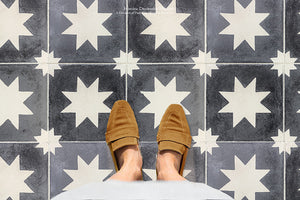 Catalan Farmhouse 1850 Antiqued Cement Tile Collection - Twilight: Charcoal + Authentic Olde White