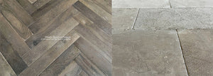Dalle de Charentes Antiqued French Limestone Flooring + Antiqued French Oak Chevron Flooring