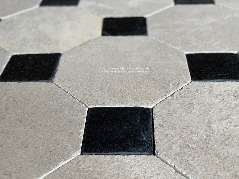 Rustic elegance is elevated in kitchens installing antique French limestone octagon and cabochon floors.