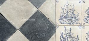 Soft Black & Broken White Antique Italian Cement Tile + 17th Century Antiqued Delft Tiles
