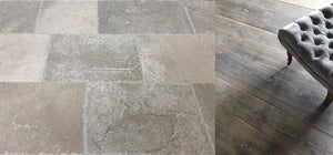 Réedition Antique Bar de Montpellier French Limestone + 18th Century French Oak Floors in Vintage Grey