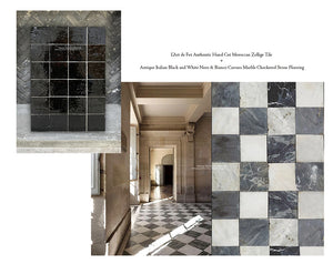 l'Art de Fez Midnight Black Zellige Tile + Antique Italian Black & White Bianco Carrara & Nero Checker Marble