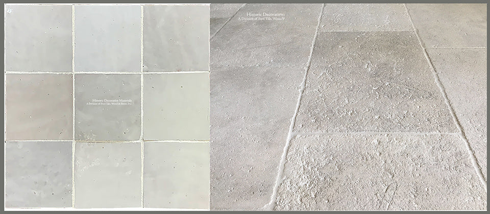 l'Art de Fez Zellige Tile in Blanc de Fez White Zellige + Réediton Antique Blonde Barr French Limestone