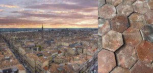 Le Port de la Lune French Reclaimed Terra Cotta Tile Hexagon - the roof tiles and sky of Bordeaux mirroring the Bordeaux colors of this clay tile.