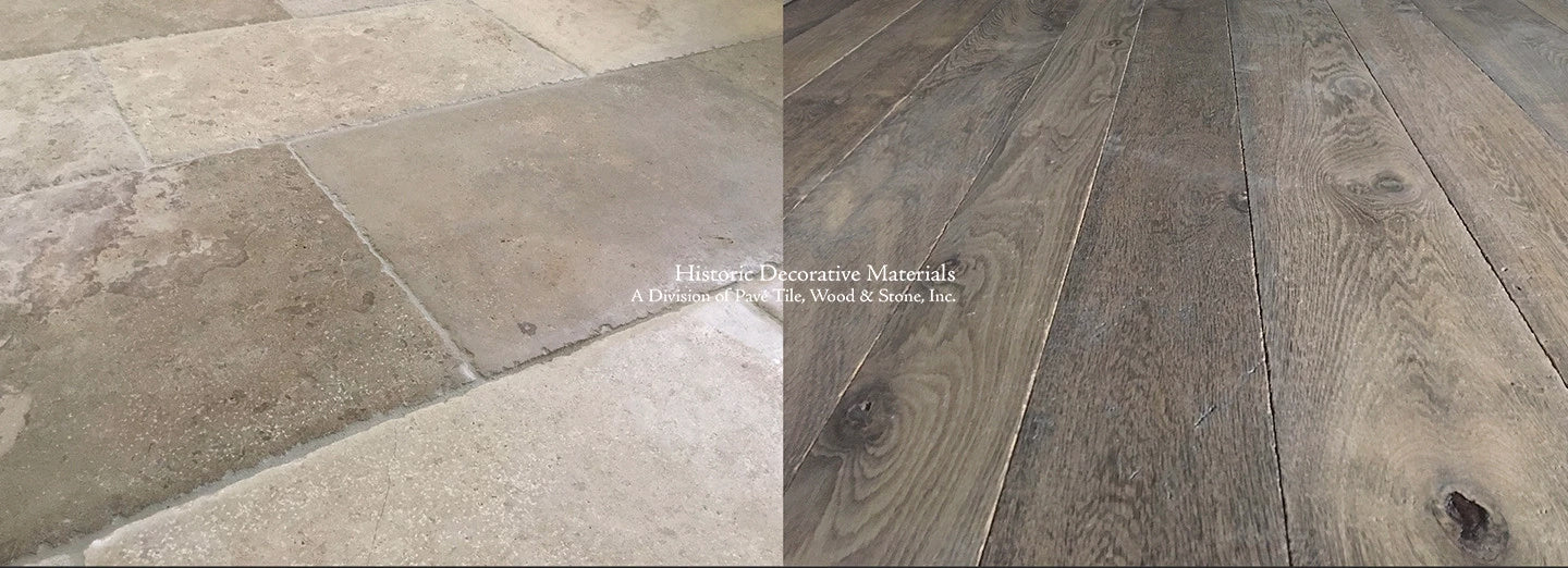 Oyster shell like patina antiqued French limestone floors are the counterpoint to our historic, reclaimed aged French oak flooring.