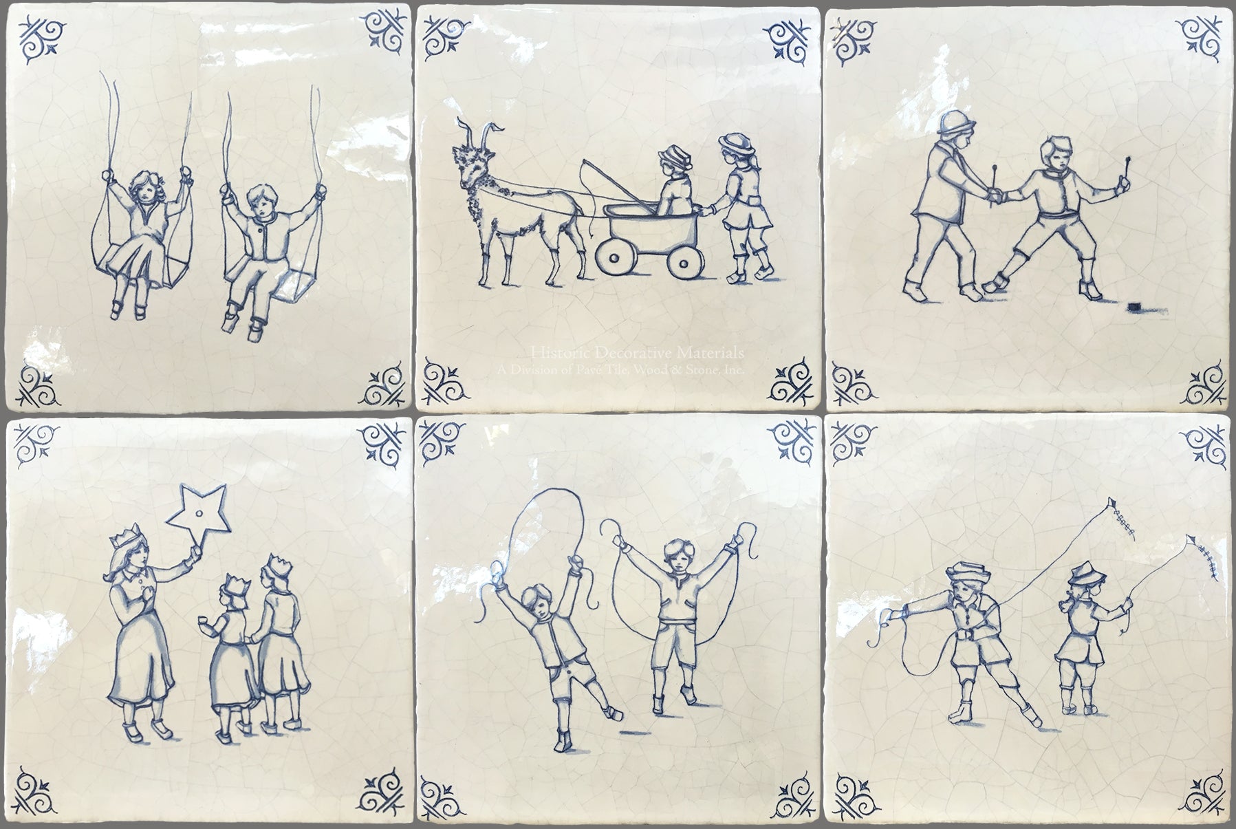 Antiqued Delft Tile Children at Play Set of 6 on Vintage Warm White Field Tile