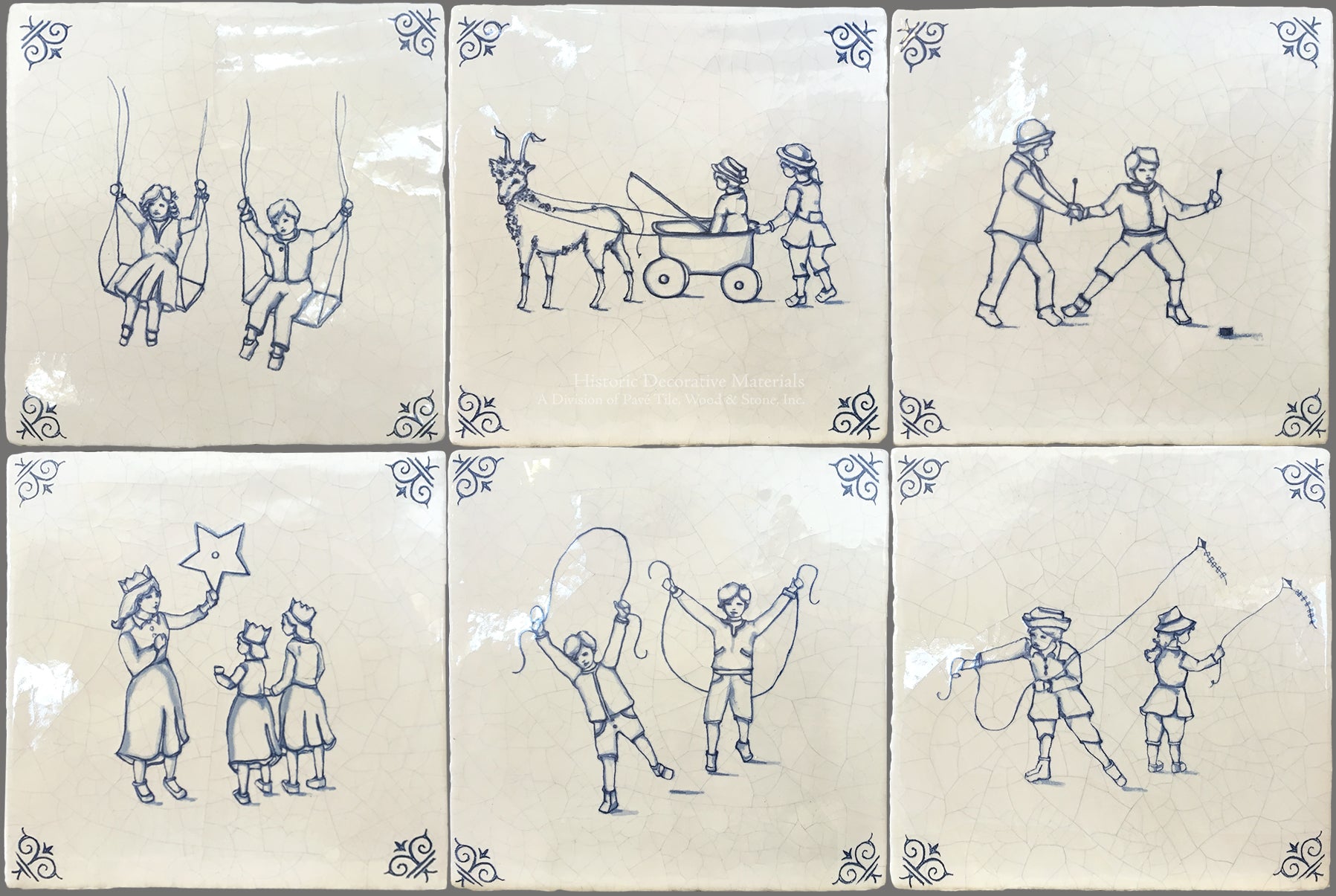 Antiqued Delft Tile Children at Play Set of 6 Tiles on Vintage Warm White Field