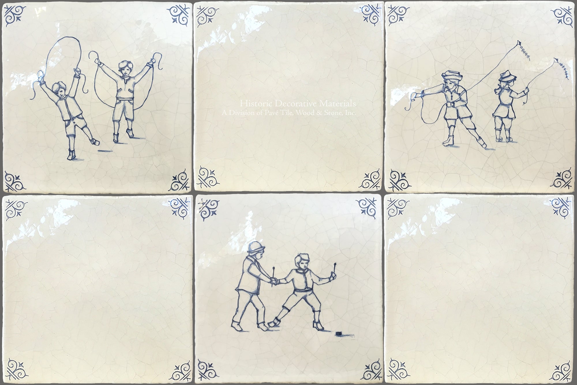 Antiqued Delft Tile Children at Play + Oxtail Corners on Vintage Warm White Field Tile