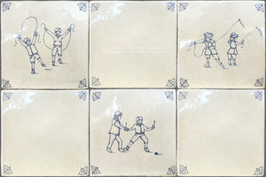 Antiqued Delft Tile Children at Play + Oxtail Corners on Vintage Warm White Field Tile