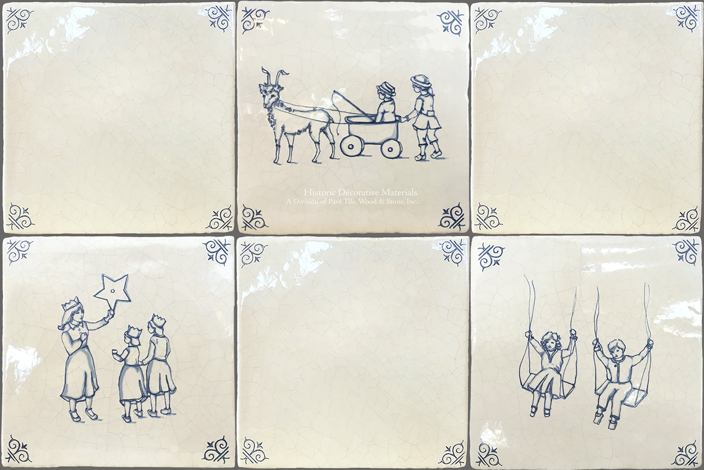 Antiqued Delft Tile Children at Play + Oxtail Corner on Vintage Warm White Field