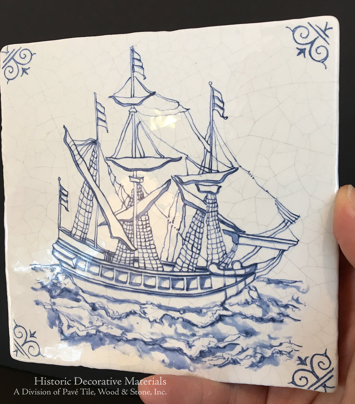 Antiqued Delft Tile - Salty Seas on Vintage Warm White Field