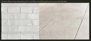 Three Whites Glazed Ceramic 3" x 6" Subway Tile in Cool White Paired with Aged French Limestone Dalle d'Escoffier